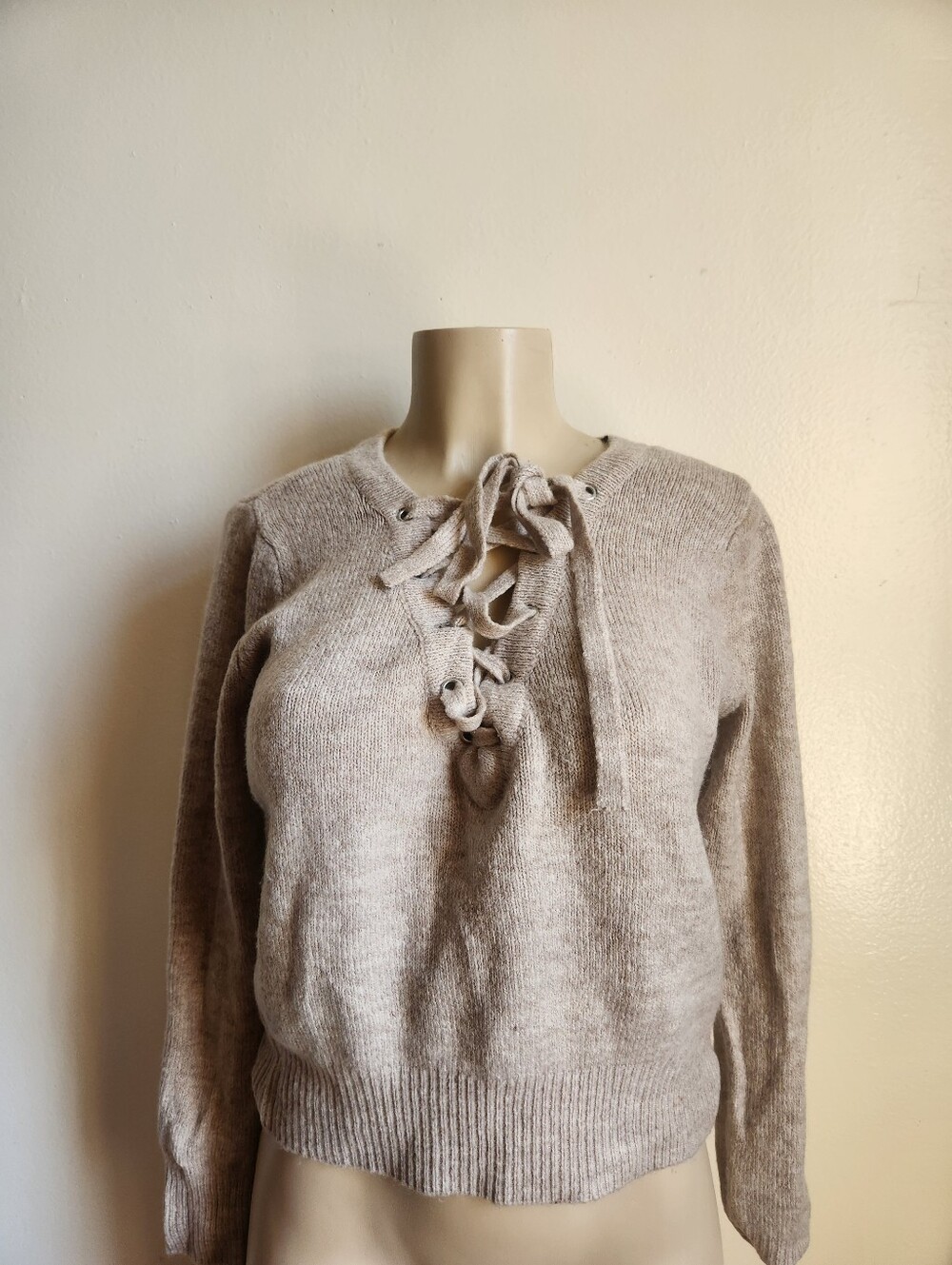 Bardot Lace-Up Crewneck Sweater in Light Beige